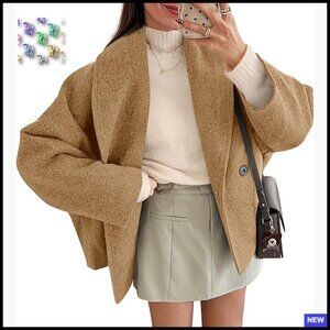 Oversized Cropped Pea Coat Wool Blend Double Breasted Lapel Chic Winter